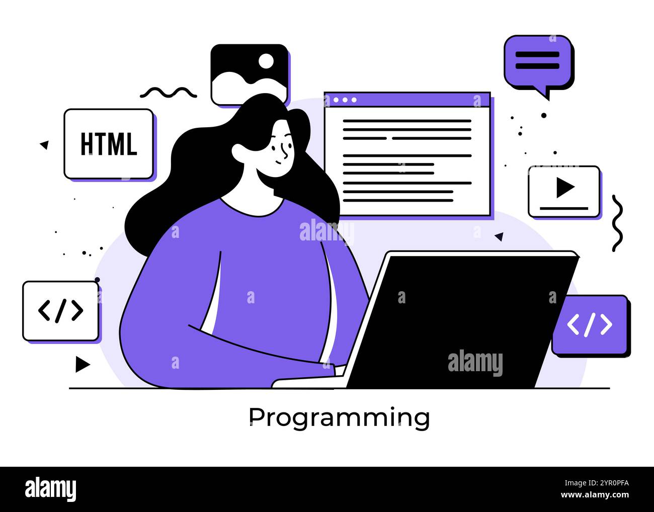 Programmierer-Codierungssoftware für Frauen mit einem Laptop, Computerprogrammierung Flachbild-Illustrationskonzept, Webentwicklung Stock Vektor