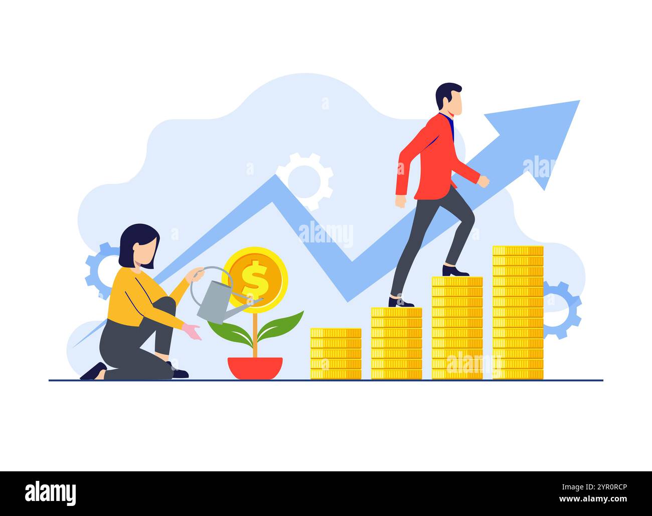 Finanzwachstum flache Illustration Vektor Illustration, erfolgreiche Menschen Geld verdienen, Geschäftsfinanzierung, Geld sparen, Investitionen, Menschen investieren m Stock Vektor