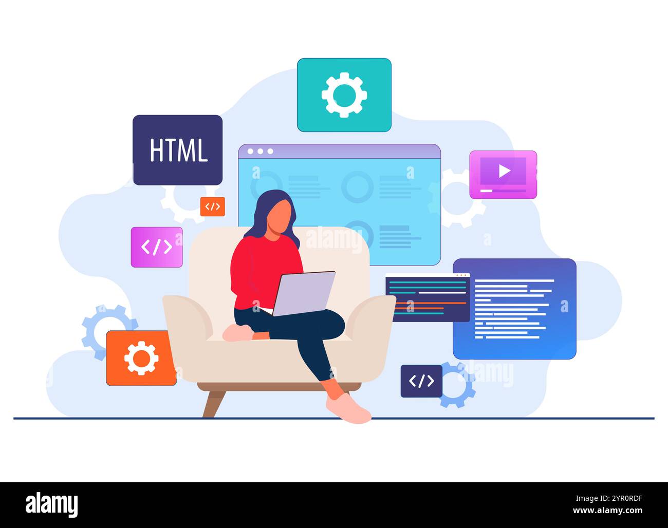 Frau, die als Programmiererin arbeitet, Code mit Laptop schreibt, Website-Entwickler, Codierung von Software-Elementen auf Hintergrund flache Illustration Vektorvorlage Stock Vektor