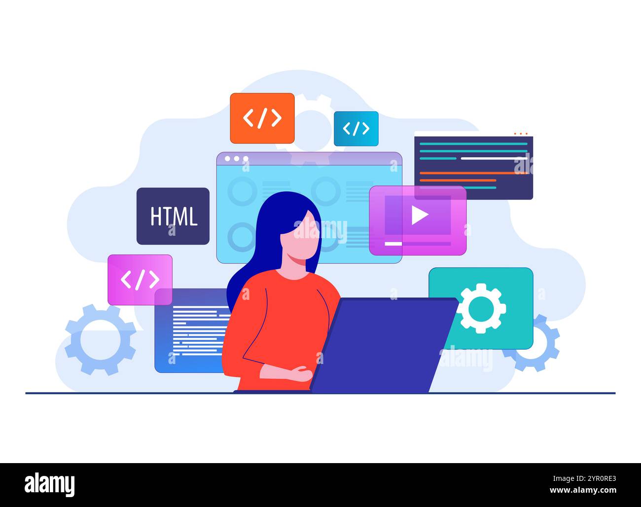 Frau, die als Programmiererin arbeitet, Code mit Laptop schreibt, Website-Entwickler, Codierung von Software-Elementen auf Hintergrund flache Illustration Vektorvorlage Stock Vektor