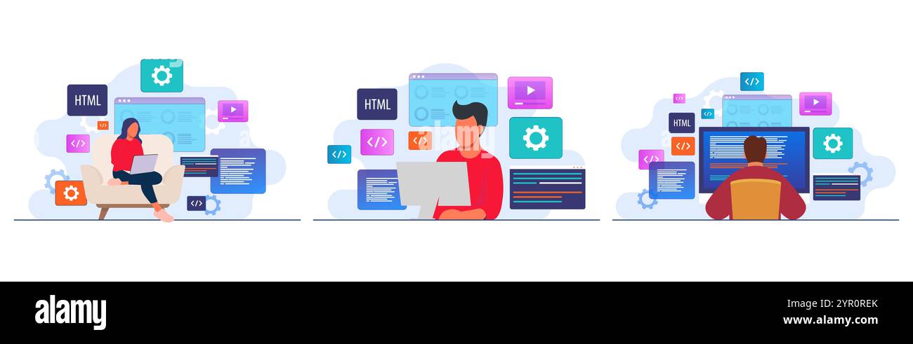 Satz von Programmierung und Kodierung von flachen Illustrationsvektorvorlagen, Leute, die als Programmierer arbeiten, Schreiben von Code mit Laptop und Computer, Website-Entwicklung Stock Vektor
