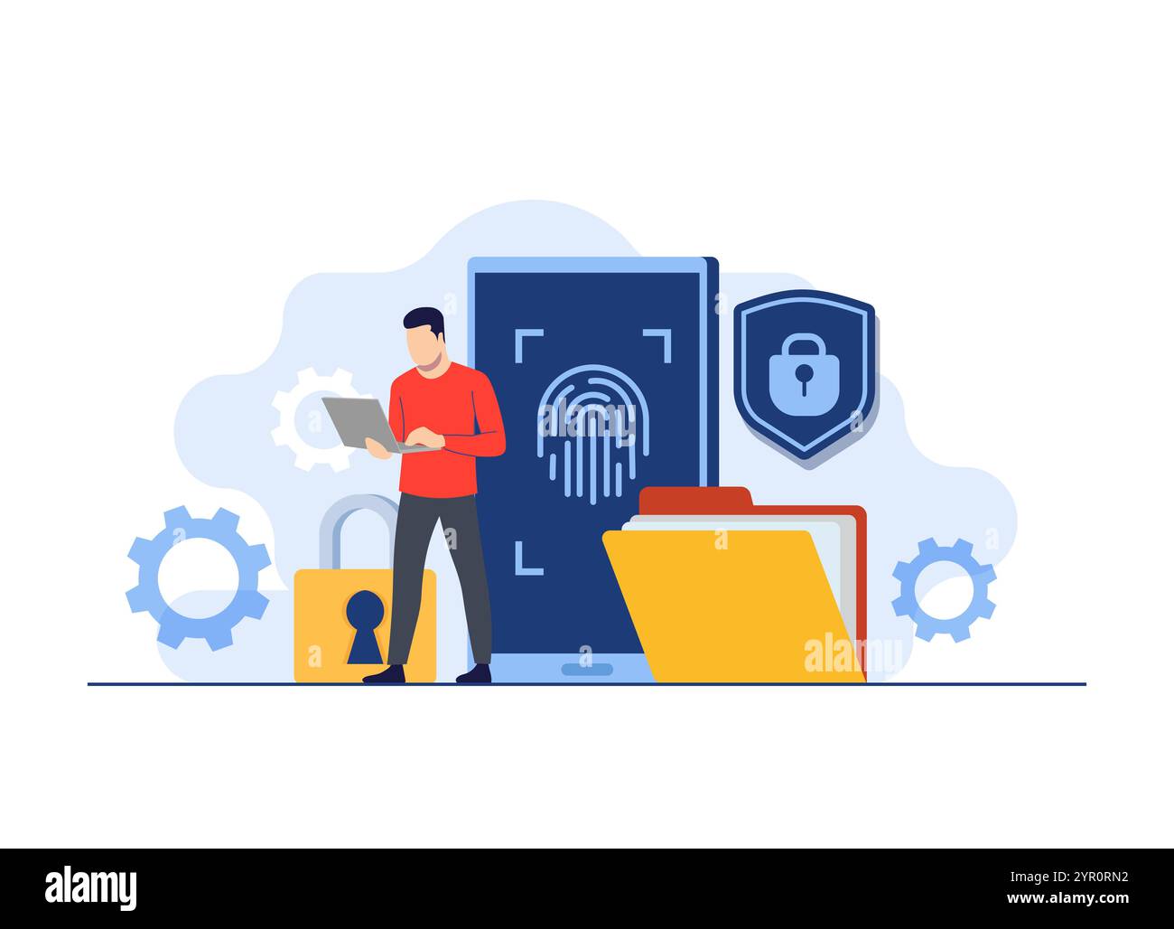 Biometrisches Authentifizierungskonzept flache Illustration, Daten- und Kontoschutz mit Fingerabdruckscanner, Schutz personenbezogener Daten, biometrische Sperre Stock Vektor