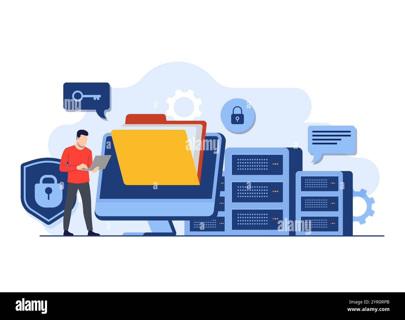 Datenbankschutz, Cyber-Sicherheit, Rechenzentrum, Dateiverwaltung, Cloud-Speicher, Datenschutz flache Illustration für Landing-Page, Mobilgerät A Stock Vektor