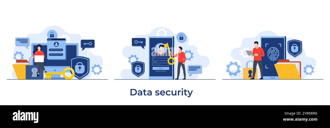 Satz von flachen Vektorgrafiken für Datensicherheit, Kontoschutz, Passwortschutz, Cybersicherheit, passwortsicheres Zugriffskonzept für Landing pag Stock Vektor