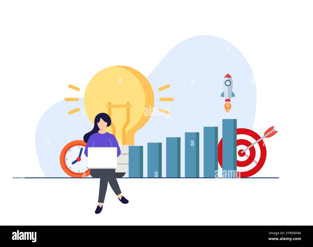 Flache Illustration zur Produktivität, Selbstverwaltung, Leistungssteigerung, weibliche Figur, die hart an den Zielen arbeitet, Zeitmanagement-Konzept für lan Stock Vektor