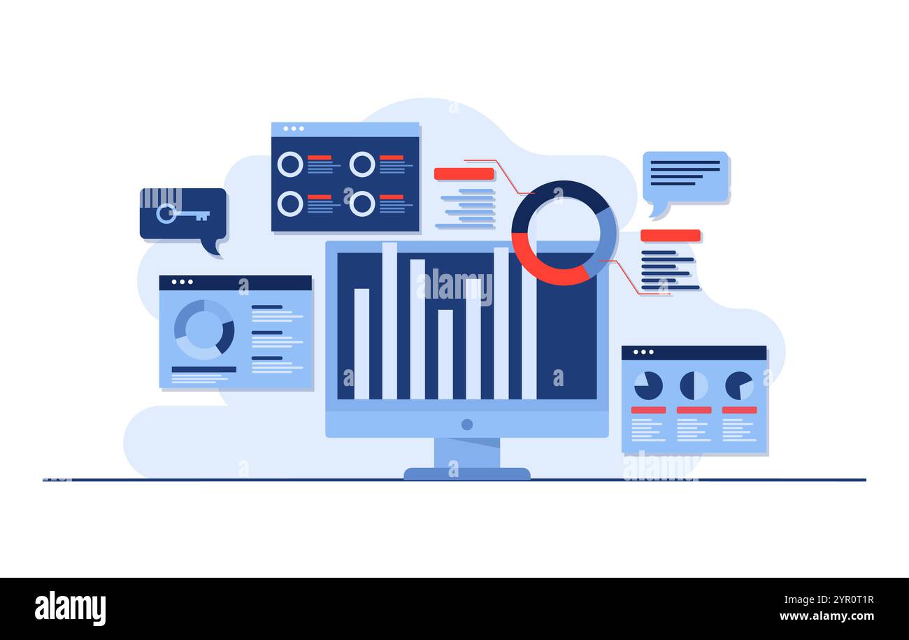 Flache Darstellung der Analyse von Geschäftsdaten, Marktforschung, Planung, Produkttests, Statistiken, finanzielle Infografik, Managementkonzept für landin Stock Vektor