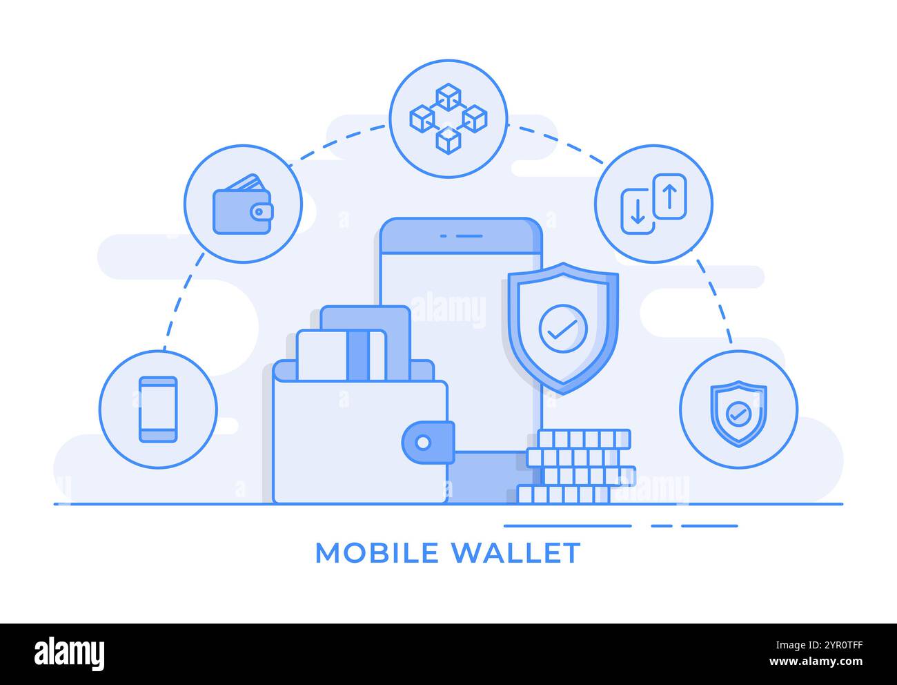 Mobile Geldbörse, digitale Geldbörse, E-Geldbörse Konzept dünne, flache Illustration Infografik für Landingpage, Banner, mobile App, Webdesign, ui/ux Stock Vektor