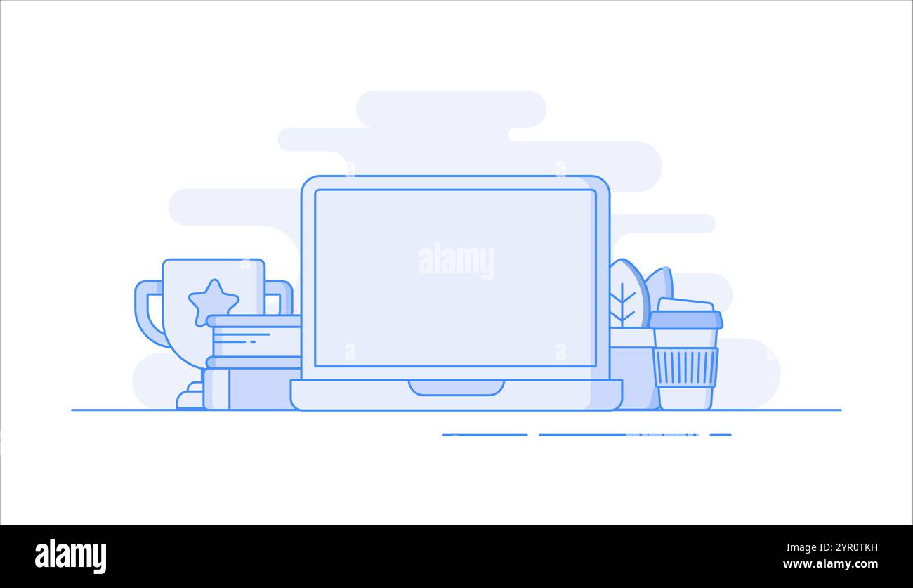 Laptop-Computer mit Büchern, Kaffeetasse, Pflanze, Siegesschale, Lautsprecher flache Vektor-Illustration in Linie Art Stil Stock Vektor