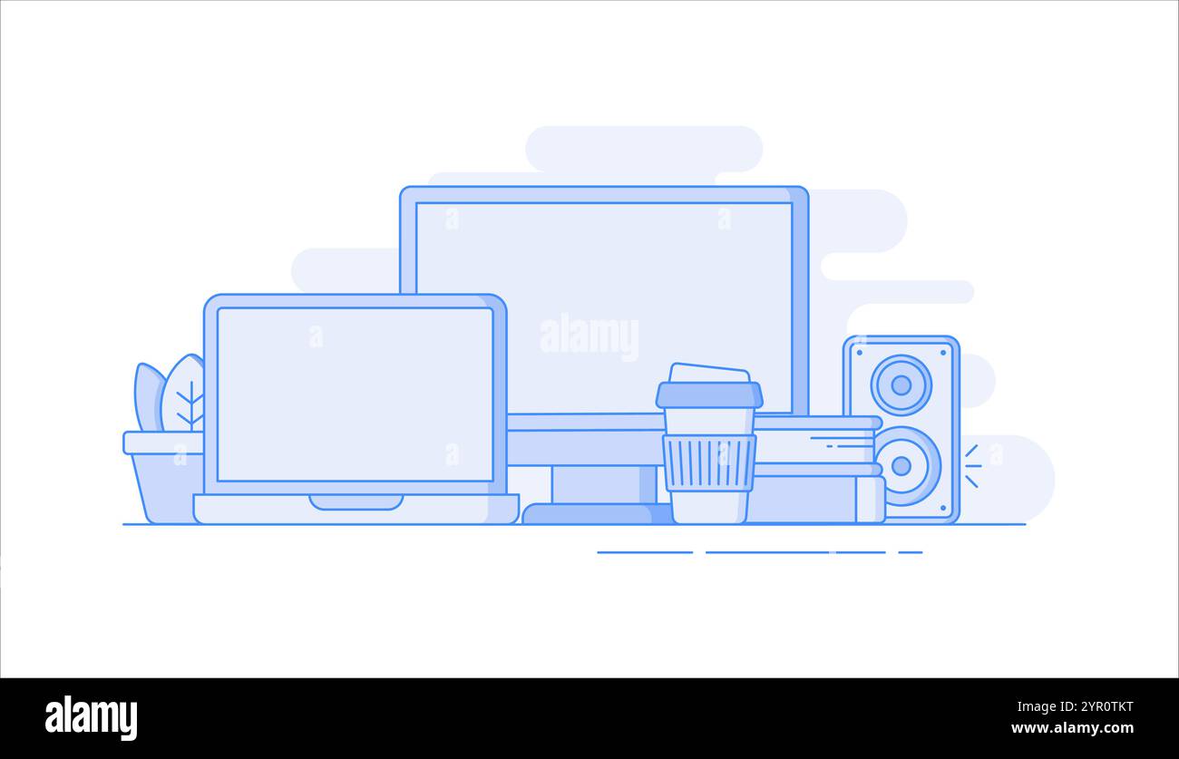 Computer, Laptop, Bücher, Kaffeetasse, Pflanze, Lautsprecher flache Vektor-Illustration im Linienart-Stil Stock Vektor