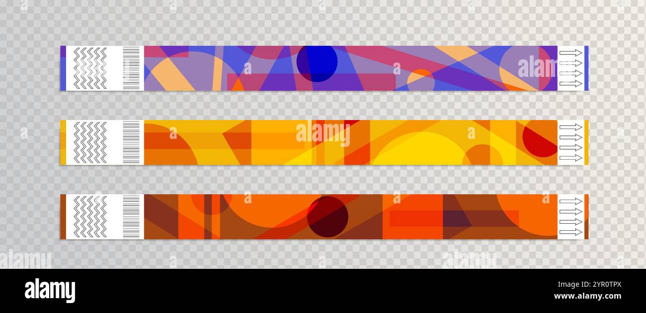 Papierarmband-Ticket mit abstrakten geometrischen Mustern. Sicherheitsarmbänder mit Barcode für den Eintritt zu Sportveranstaltungen, Konzerten oder Musikfestivals. Realistische 3D Club Party Handgelenk Armauflage Modell. Stock Vektor