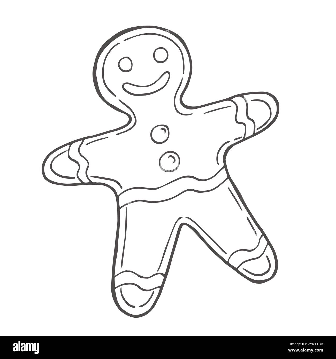 Lebkuchenmann Kekse handgezeichnete Illustration mit schwarzen Linien, isoliert auf weißem Hintergrund. Doodle Ginger Bread Malbuch Seite. Deko-Zubehör Stock Vektor