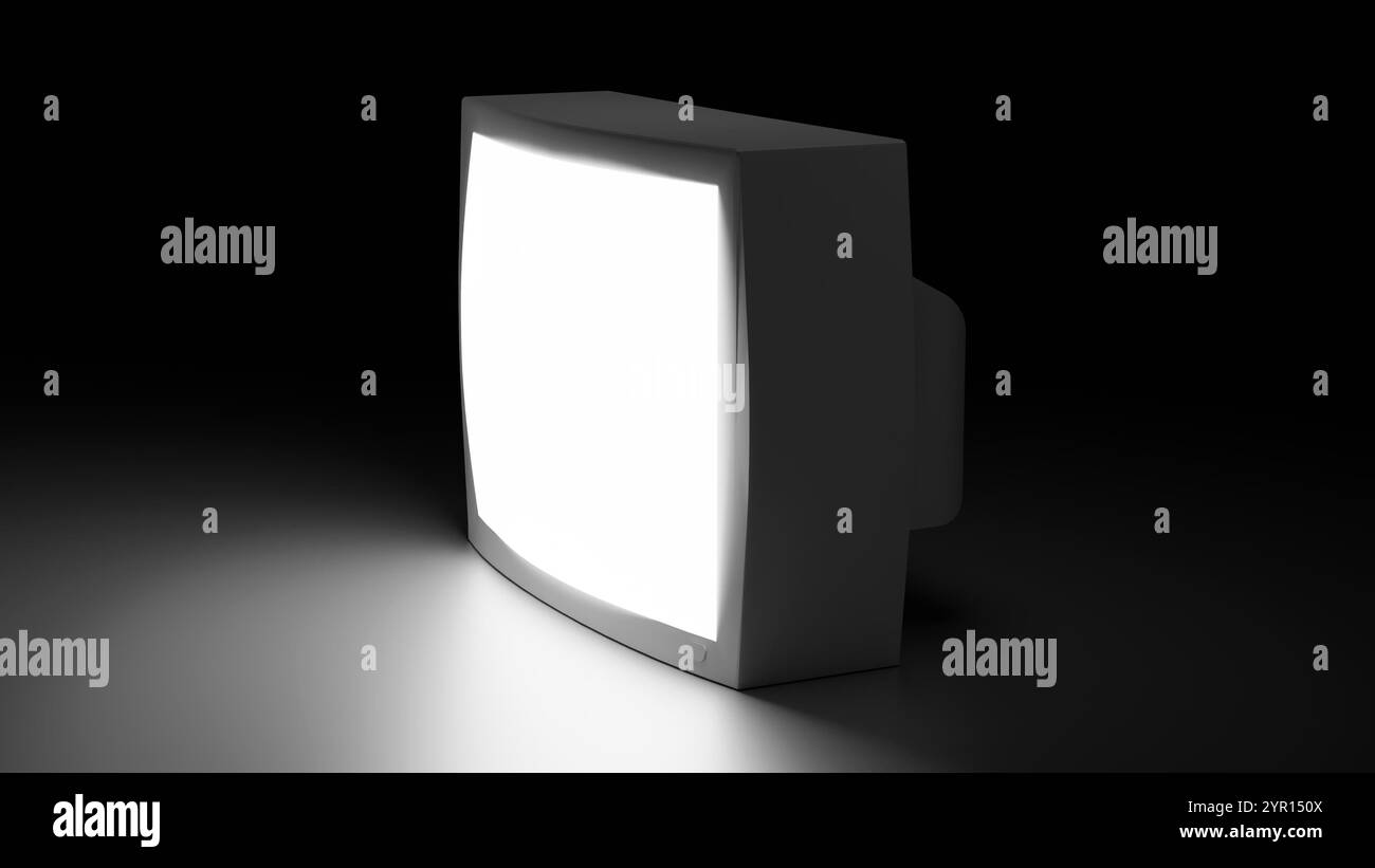 3D-Wiedergabe von Fernsehgeräten im Vintage-Stil, deren Bildschirme mit hellem, weißem Licht vor dunklem Hintergrund beleuchtet werden. Stockfoto