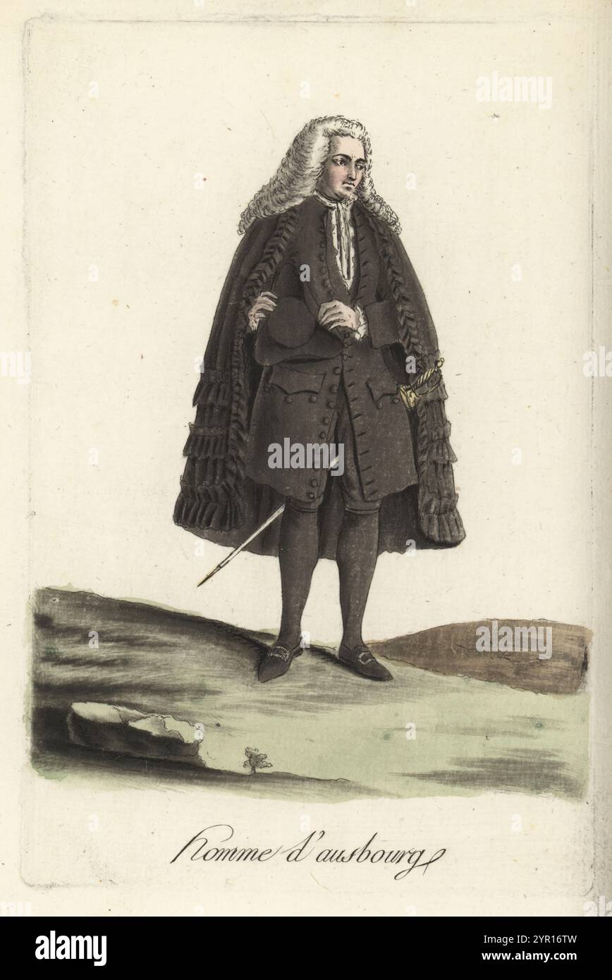 Bräutigam-Kostüm aus Augsburg, Schwaben, Deutschland. Hochzeitskleidung eines Patriziers. In Puderperücke, schwarzem Rüschenmantel, Pourpoint oder Wappen, Hemd, Reithose, Schuhe mit Schnallenverschluss, mit Hofschwert, mit Dreikornmütze. Homme d'Ausbourg. Handkolorierter Kupferstich nach einer Illustration von Jacques Grasset de Saint-Sauveur aus Sylvain Marechals Kostümen civils actuels de tous les peuples connus, dessines d’Apres Nature, aktuelle Bürgerkostüme aller bekannten Völker, gezeichnet aus der Natur, Chez Pavard, Paris, 1788. Stockfoto