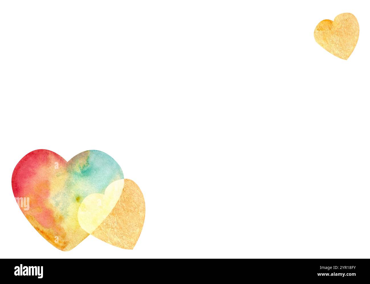 Bunte Herzen, groß und klein, eines hinter einem anderen horizontalen Rahmen, isoliert auf weiß. Handgemalte Aquarellillustration. Perfekter Valentinstag Stockfoto