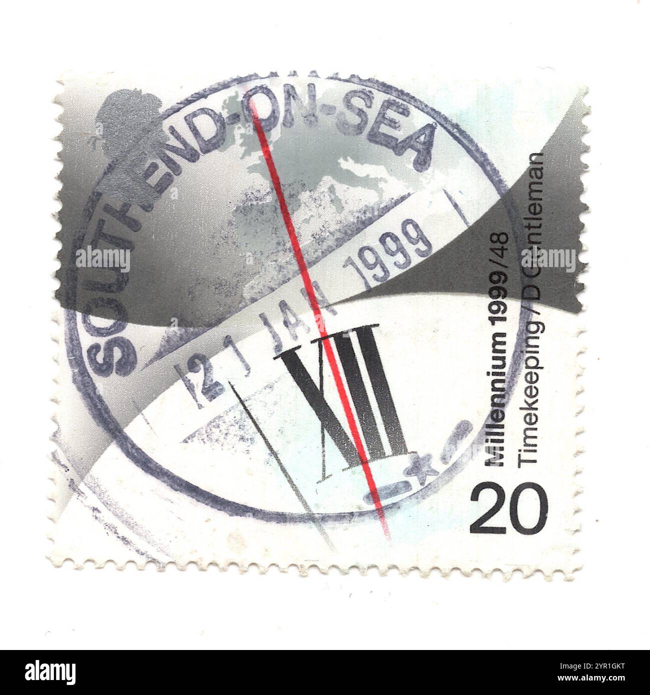 Eine alte Briefmarke aus Großbritannien mit Timekeeping. Stockfoto