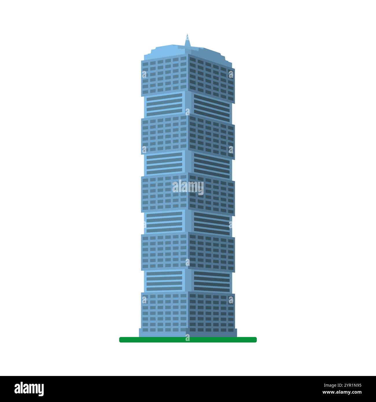 Ein modernes Hochhaus auf weißem Hintergrund. Blick auf das Gebäude von unten. Abbildung des isometrischen Vektors. Stock Vektor