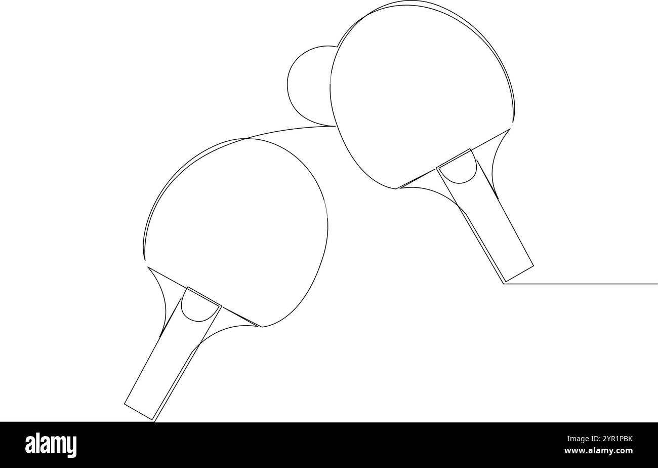 Zwei Tischtennisschläger und ein Ball, eine Linie. Tischtennissportspiel mit einer einzigen durchgehenden Linie. Vektorillustration, bearbeitbare Kontur Stock Vektor