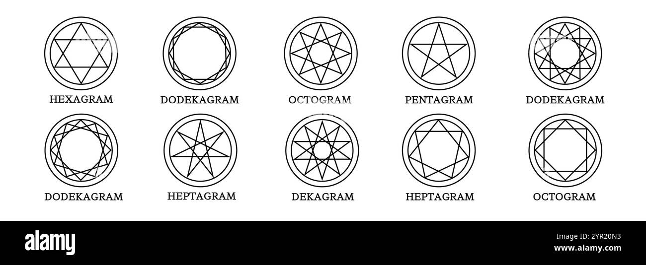 Minimalistische Symbole mit Pentagrammen und heiliger Geometrie. Stock Vektor
