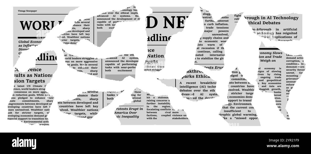 Abgerissene Zeitungsausschnitte Collage mit Schlagzeilen und Grunge-Stil. Stock Vektor