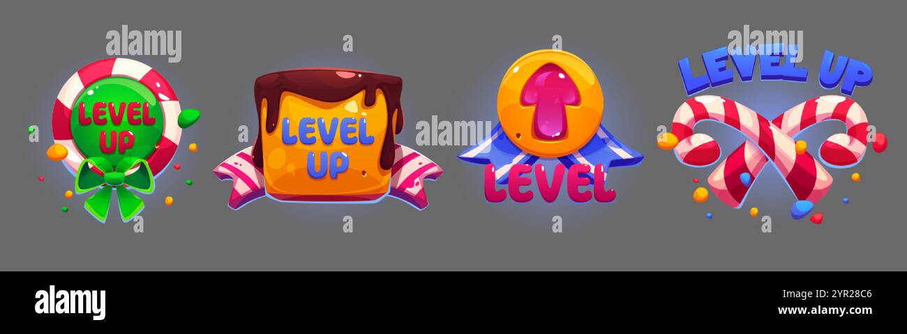 Bunte Level-Up-Banner mit Süßigkeiten-Design-Elementen. Verschiedene Cartoon süße Desserttabzeichen - Lutscher mit grünem Band, mit Schokolade überzogener Kuchen, Stock Vektor