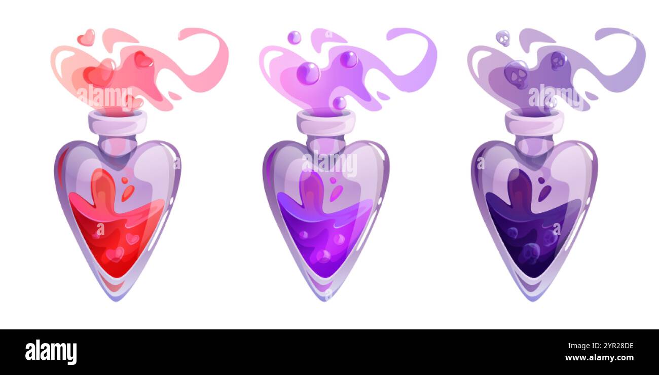 Magische Flaschen in Herzform mit verzauberten Tränken in Rosa, Violett und tiefviolett. Mystischer Cartoon-Rauch mit winzigem schwebenden Liebessymbol, Rou Stock Vektor