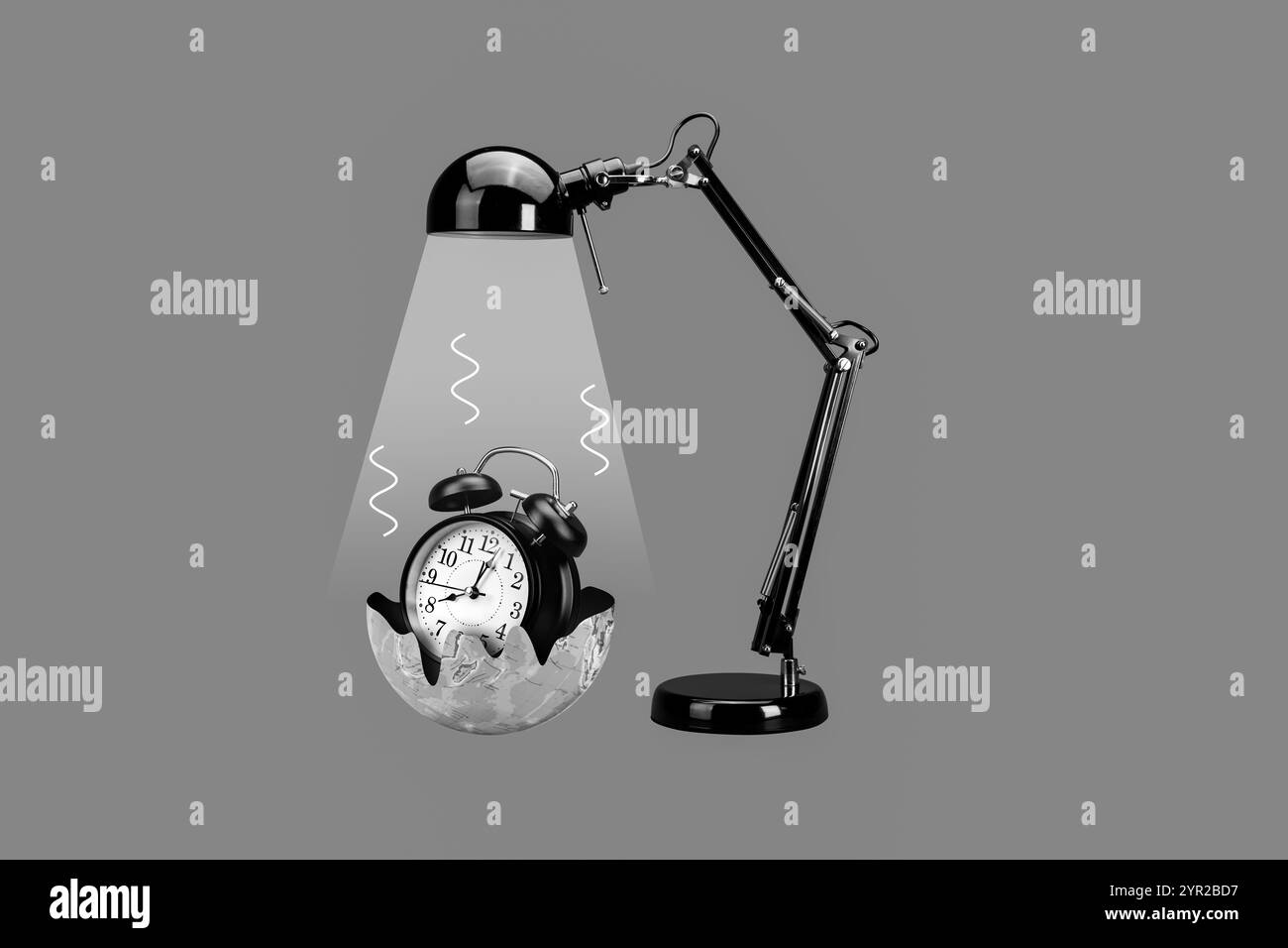 Kreatives Foto 3D Collage Kunstwerke Postkartenposter mit elektrischer Lampe beleuchtet Planet Time, um isoliert auf Malhintergrund zu reisen Stockfoto