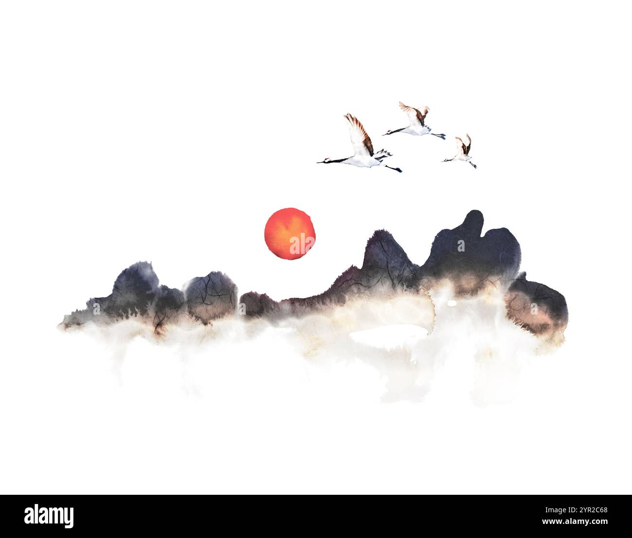 Wunderschöner Sonnenaufgang mit der Sonne und Kranichen, die über dem Berg aufsteigen, orientalischer Malhintergrund, hoffnungsvolle Neujahrsgrußkarte Illustration Stockfoto