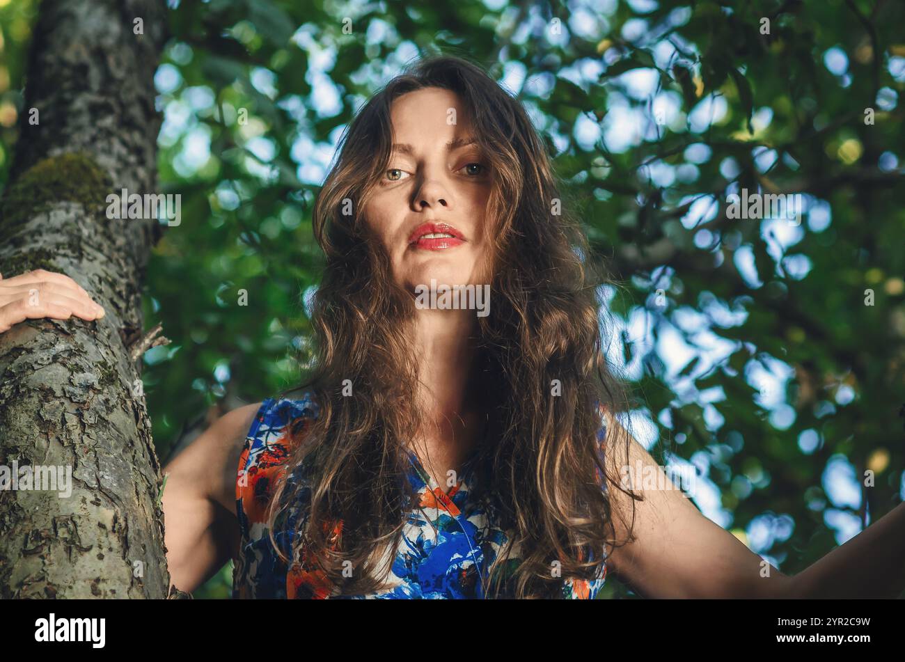 Nahaufnahme einer Frau mit langen Haaren wie eine Hexe zwischen Bäumen im dunklen Wald. Mystische Stimmung. Verschwommen Stockfoto