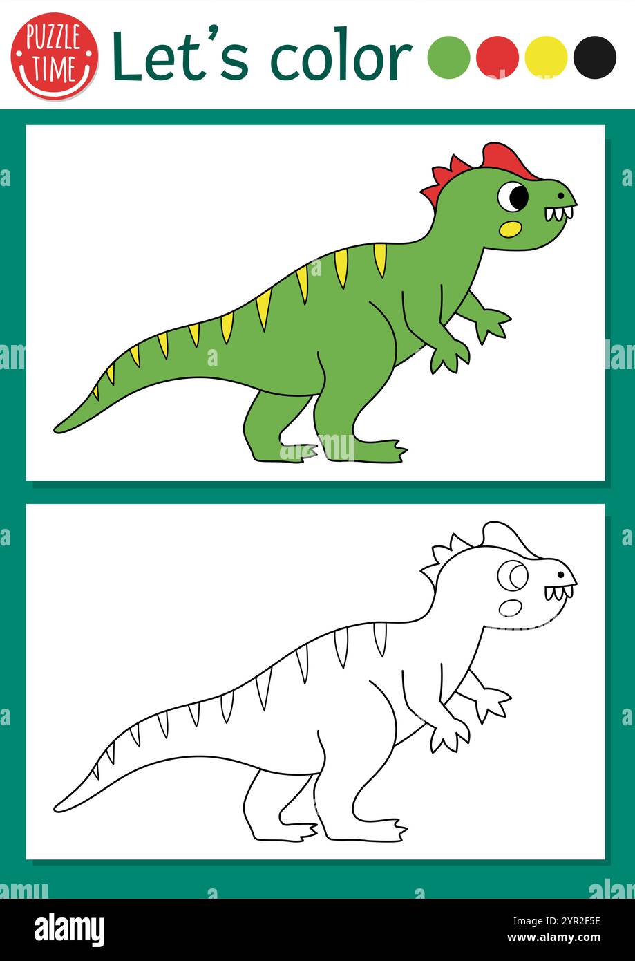 Dinosaurier-Ausmalseite für Kinder mit allosaurus. Vektor-prähistorische Umrissdarstellung. Einfaches Farbbuch für Kinder mit farbigem Beispiel. Zeichnung Stock Vektor