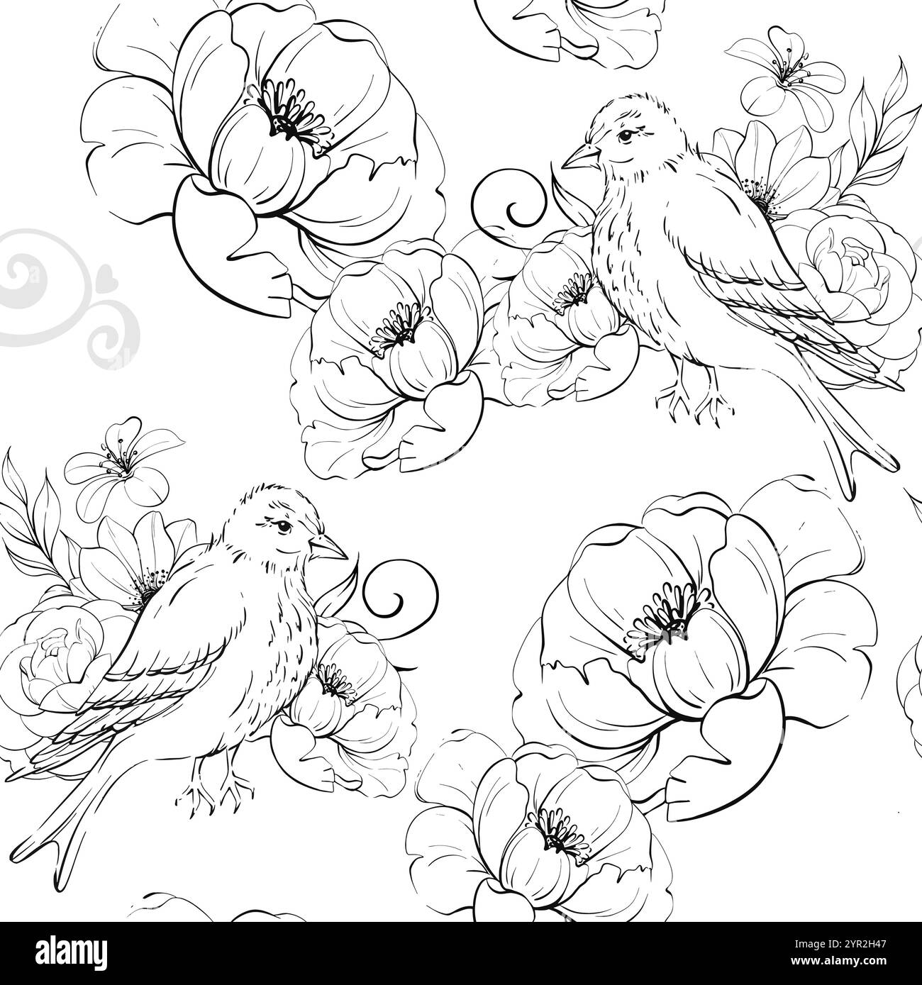 Viktorianischer Vogel und Rosen mit Curl. Hintergrund, nahtloses Muster. Vintage Blumen, botanisches Arrangement. Romantische Pfingstrose. Für Grußkarten, Hochzeit Stock Vektor