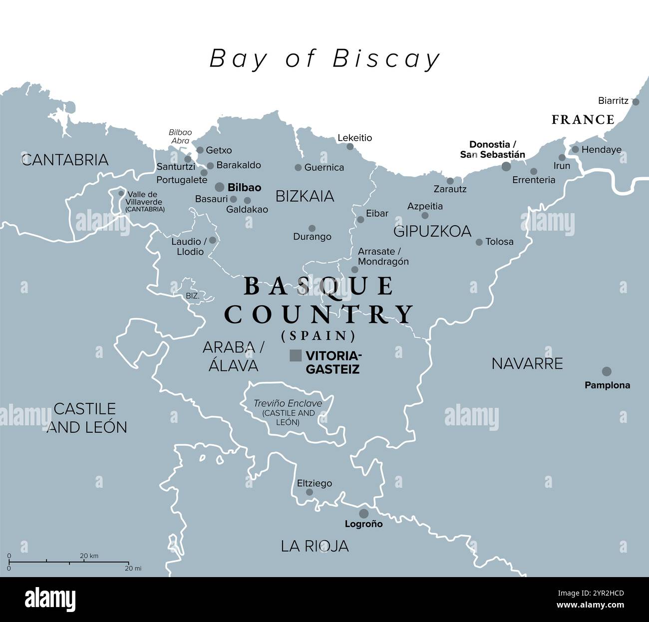 Baskenland, Euskadi, graue politische Karte mit der Hauptstadt Vitoria-Gasteiz und der größten Stadt Bilboa. Die baskische Autonome Gemeinschaft in Nordspanien. Stockfoto