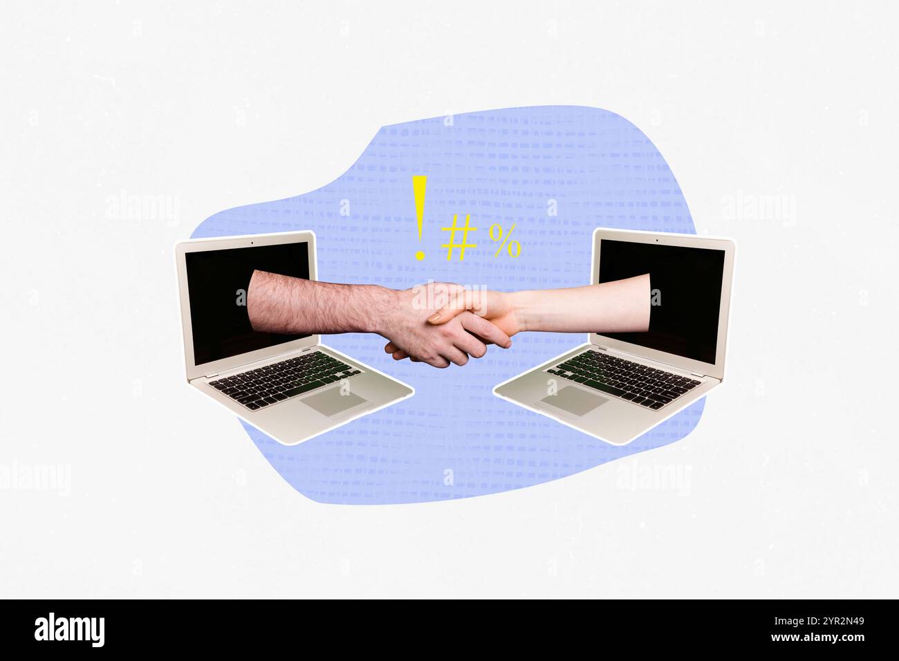 3D Collage Trendkunstwerk Composite Sketch Poster der anonymen Arm Geste Unity Together Deal Partnerschaft Laptop Display Remote Distance. Stockfoto