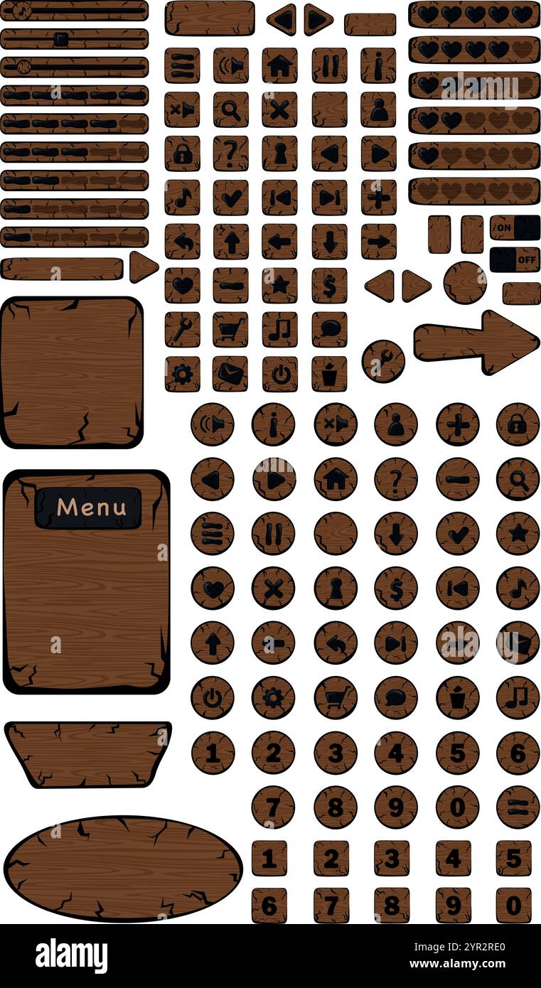 Interface 2D-Spiel. Tasten für das Programm. Holzsymbole Stock Vektor