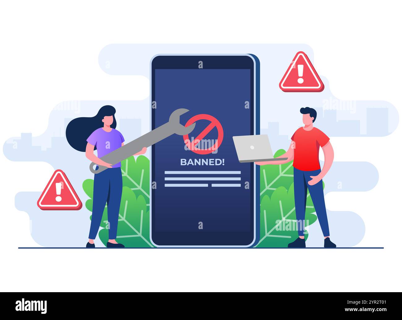 Gesperrte oder gesperrte Website, System, Verbindung, Software zum Blockieren von Werbeanzeigen, Gebanntes Benutzerkonto flaches Illustrationsvektorbanner für Landing-Page, soziale Medien Stock Vektor