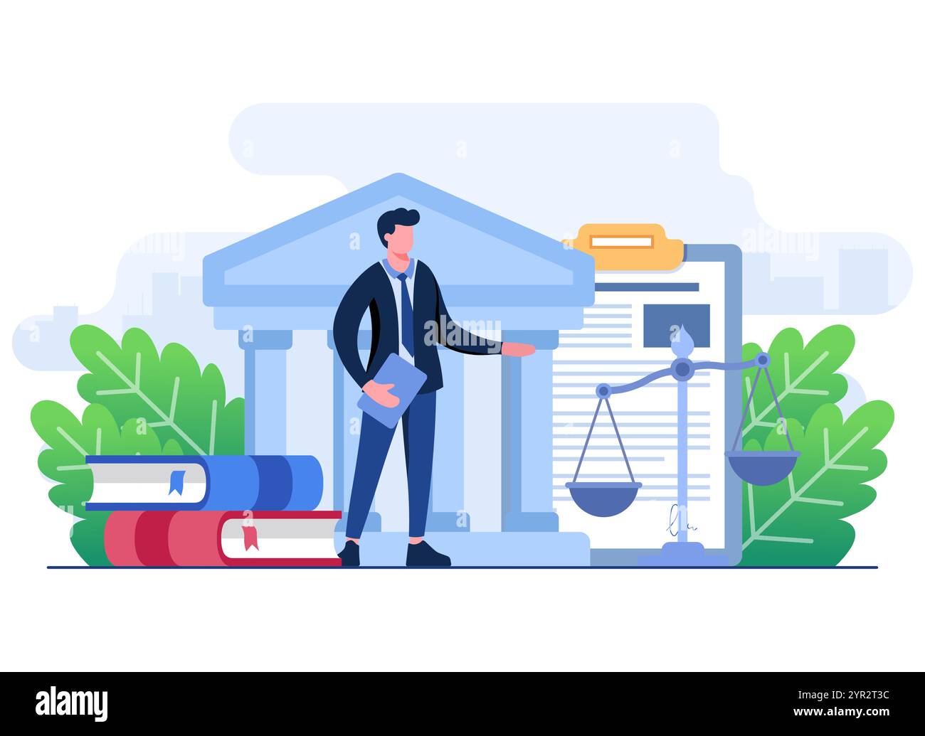 Recht und Justiz flache Illustration, Anwaltskanzlei und Rechtsberatung, Beratung des öffentlichen Rechts, Rechtsanwalt, Rechtsbeistand für ui, Webdesign, Landing p Stock Vektor