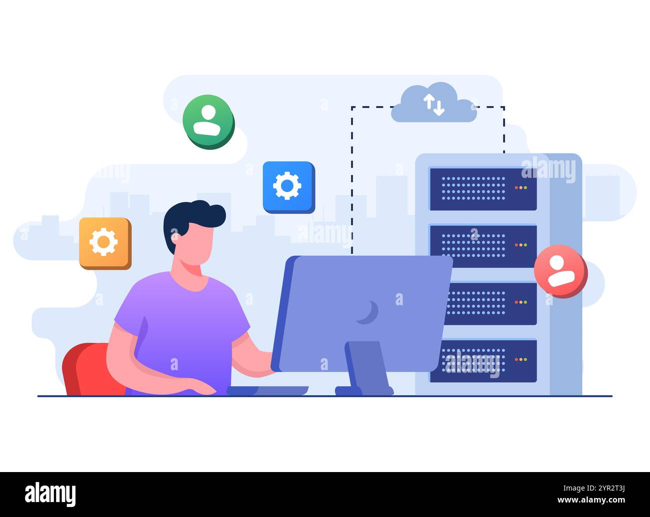 Gerät mit Cloud-Computing-Technologie, Datenübertragung, Cyber-Sicherheit, Schutz personenbezogener Daten, flache Abbildung ve sicher mit dem Rechenzentrum verbunden Stock Vektor