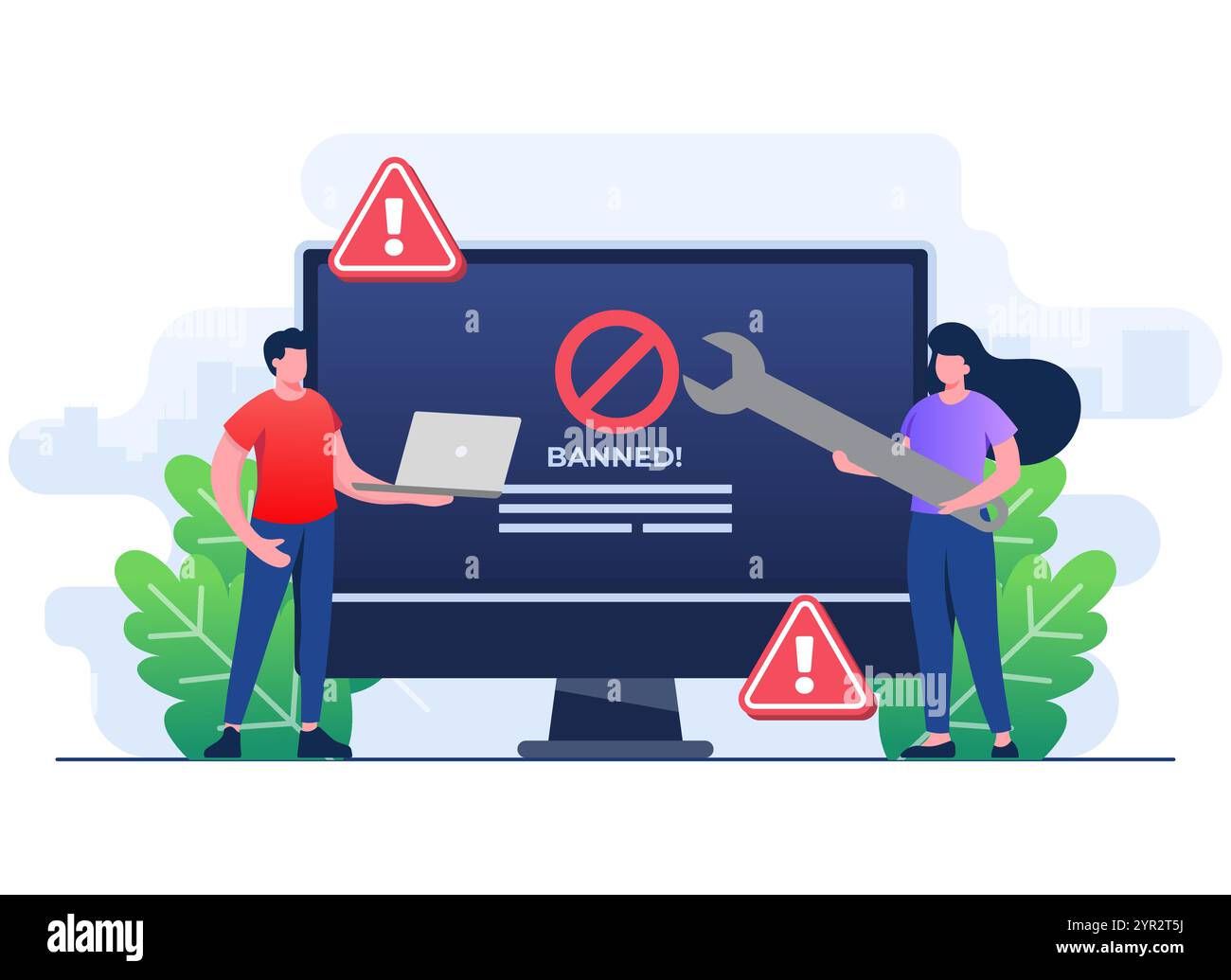 Gesperrte oder gesperrte Website, System, Verbindung, Software zum Blockieren von Werbeanzeigen, Gebanntes Benutzerkonto flaches Illustrationsvektorbanner für Landing-Page, soziale Medien Stock Vektor