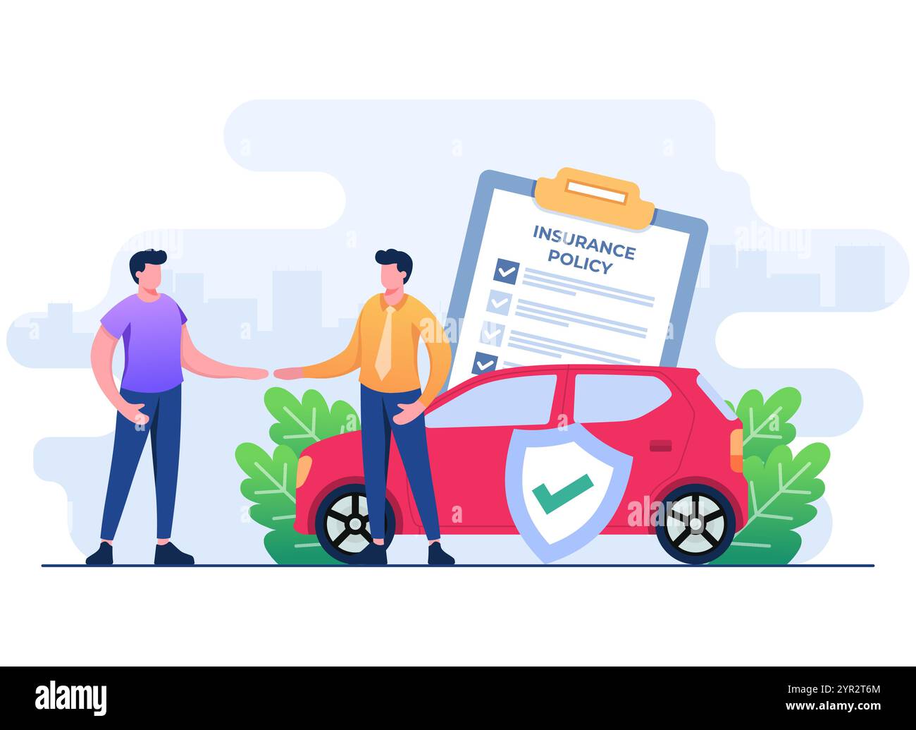 Fahrzeugversicherung flache Illustration, Mann kauft Autoversicherungspolice vom Agenten, Autoversicherung, Autosicherheit, Assistenz und Schutzkonzept für, Stock Vektor