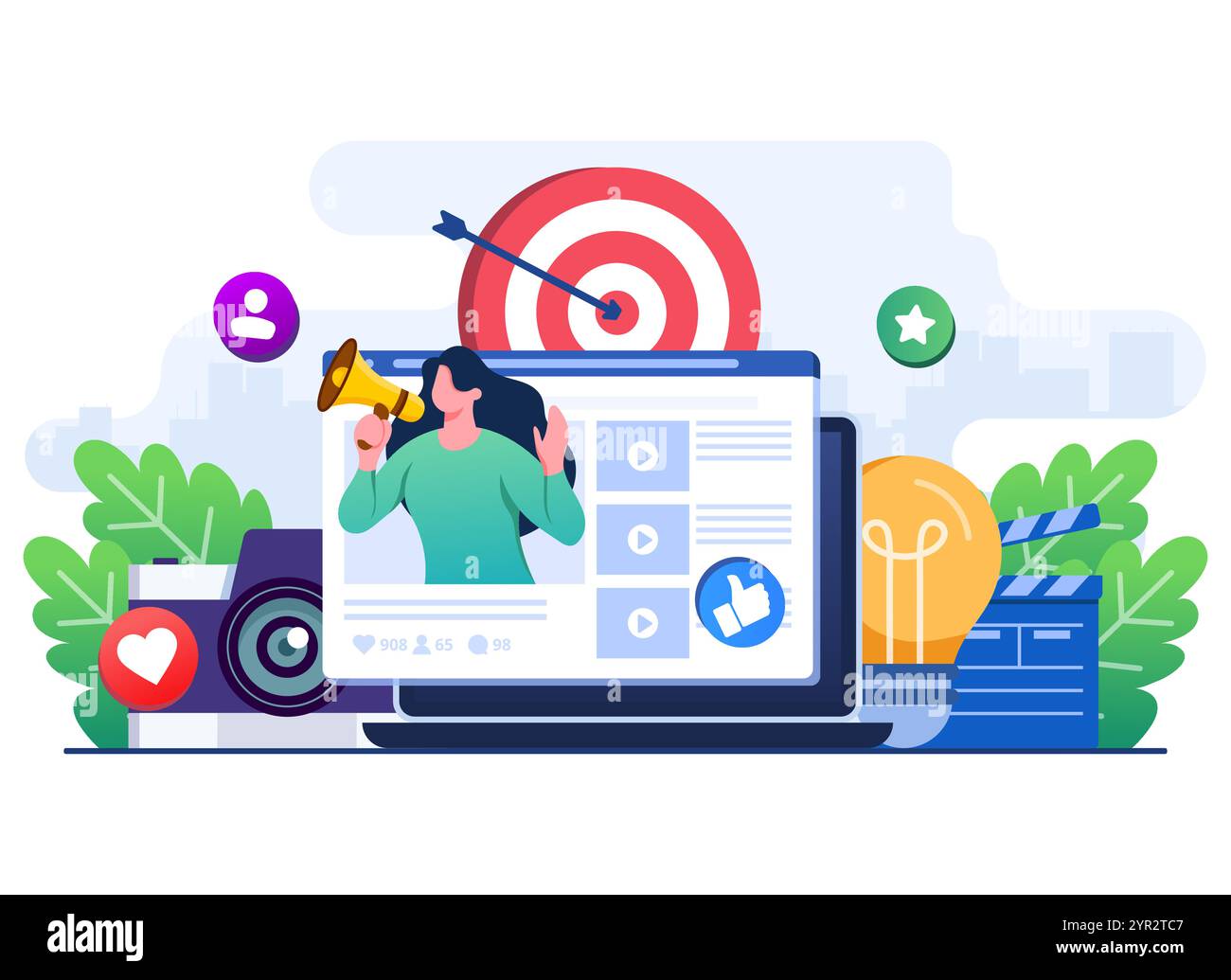 Video Marketing flache Illustration, Social-Media-Kampagne, E-Commerce, Influencer-Marketing, Blogger, Promotion, digitales Marketingkonzept für ui, Web Stock Vektor