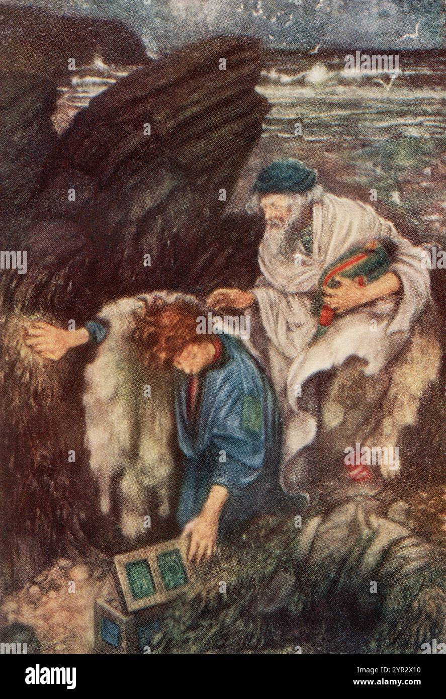 Illustration von Eleanor F. Brickdale (1872–1945) für das William Shakespeare-Stück The Winter's Tale. Schäferhund. „Lassen Sie uns mal sehen. Mir wurde gesagt, ich solle reich sein an den Feen. Akt III. Szene III. Aus dem Kingsway Shakespeare, veröffentlicht 1932 Stockfoto