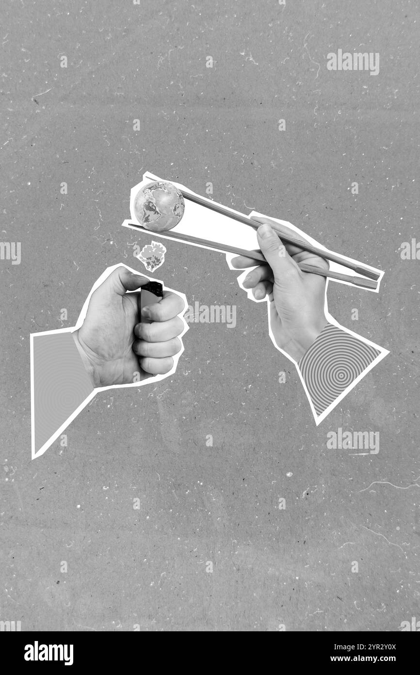 Collage Foto von Sushi-Stäbchen halten Kugel Planet Erde leichter Feuer Klimaänderung Temperaturanstieg isoliert auf grauem Hintergrund Stockfoto