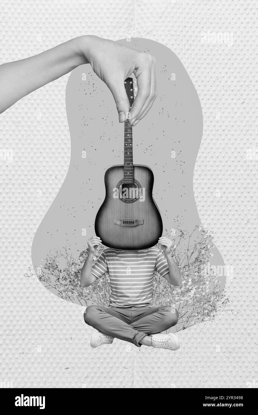 Collage-Foto eines kopflosen Mannes abstraktes Hide-Gitarre-Gesicht Musikliebhaber Meloman-Akustikinstrument in der Nähe von Blüten isoliert auf zyanischem Hintergrund Stockfoto