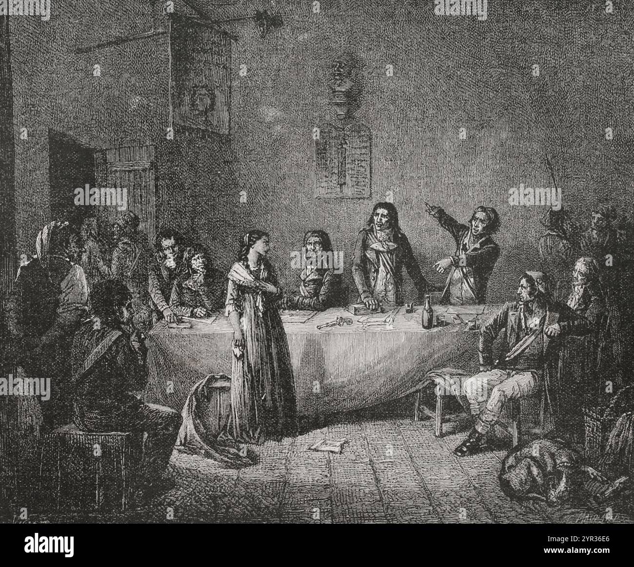 Cécile Renault (Cécile-Aimée Renault) (1774-1794). Junger französischer Royalist, beschuldigt, Maximilien Robespierre während der Herrschaft des Terrors zu ermorden. Sie wurde am 17. Juni 1794 (29. Prairialjahr II) in Paris zum Tode verurteilt und mit ihren Familienmitgliedern guillotiniert. Cécile Renault vor dem Revolutionsgericht. Gravur. "Geschichte der Französischen Revolution". Band I, Teil 2, 1879. Stockfoto