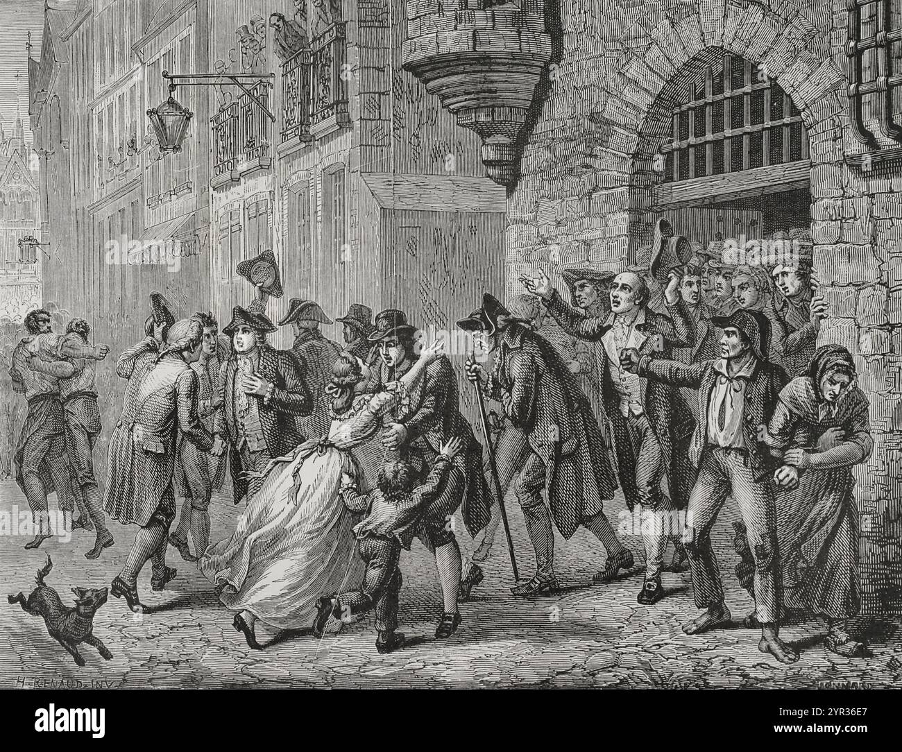 Französische Revolution (1789-1799). París. Freiheit für Menschen, die während der Herrschaft des Terrors 1794 inhaftiert wurden. Zeichnung von H. Renaud. Gravur von Jonnard. "Geschichte der Französischen Revolution". Band I, Teil 2, 1879. Stockfoto