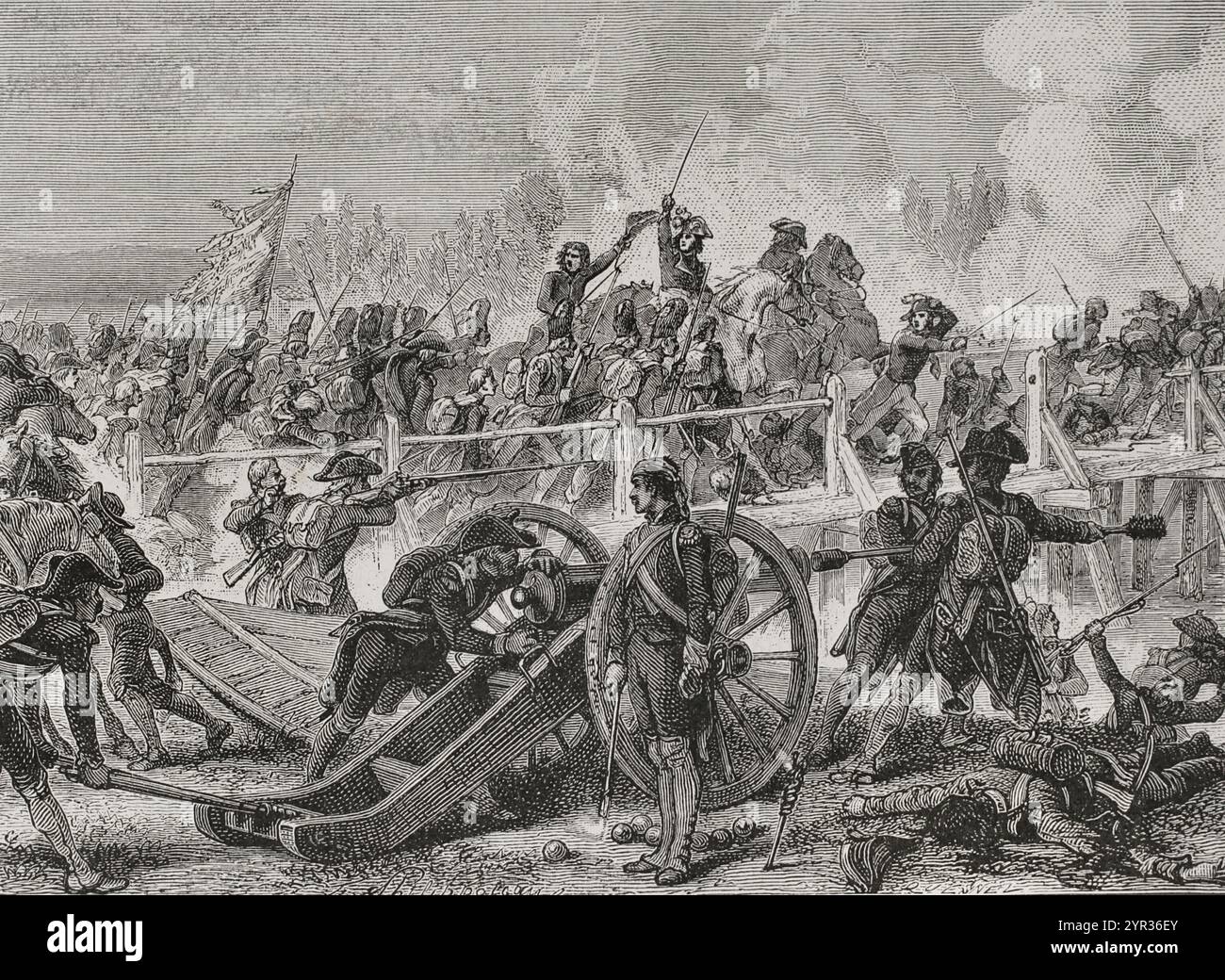 Napoleonische Kriege. Krieg der Ersten Koalition (1792-1797). Schlacht von Lodi (10. Mai 1796). Sie stand der Armee unter Napoleon Bonaparte gegen die Koalitionstruppen unter General Sebottendorf gegenüber. Napoleon gewann einen Sieg, der es ihm ermöglichte, die Brücke von Lodi am Ufer des Adda zu erobern. Überquerung der Lodi-Brücke. Zeichnung von Philippoteaux. Gravur. "Geschichte der Französischen Revolution". Band I, Teil 2, 1879. Stockfoto