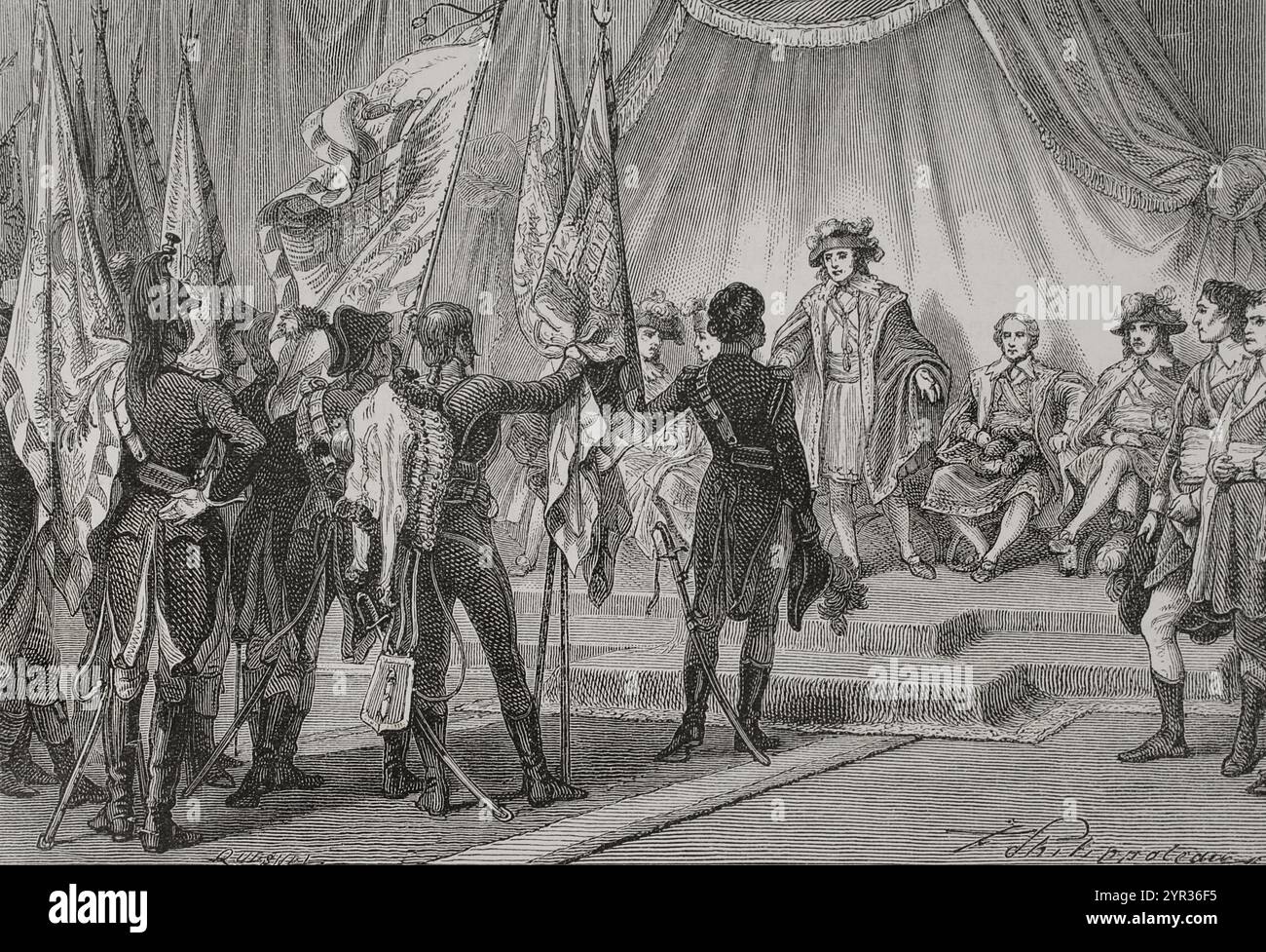 Französische Unabhängigkeitskriege (1792-1802). Joachim Murat (1767–1815) stellt dem Direktorium die Flaggen vor, die von der französischen Revolutionsarmee während Napoleons italienischem Feldzug (1796–1797) erobert wurden. Zeichnung von Philippoteaux. Gravur. "Geschichte der Französischen Revolution". Band I, Teil 2, 1879. Stockfoto