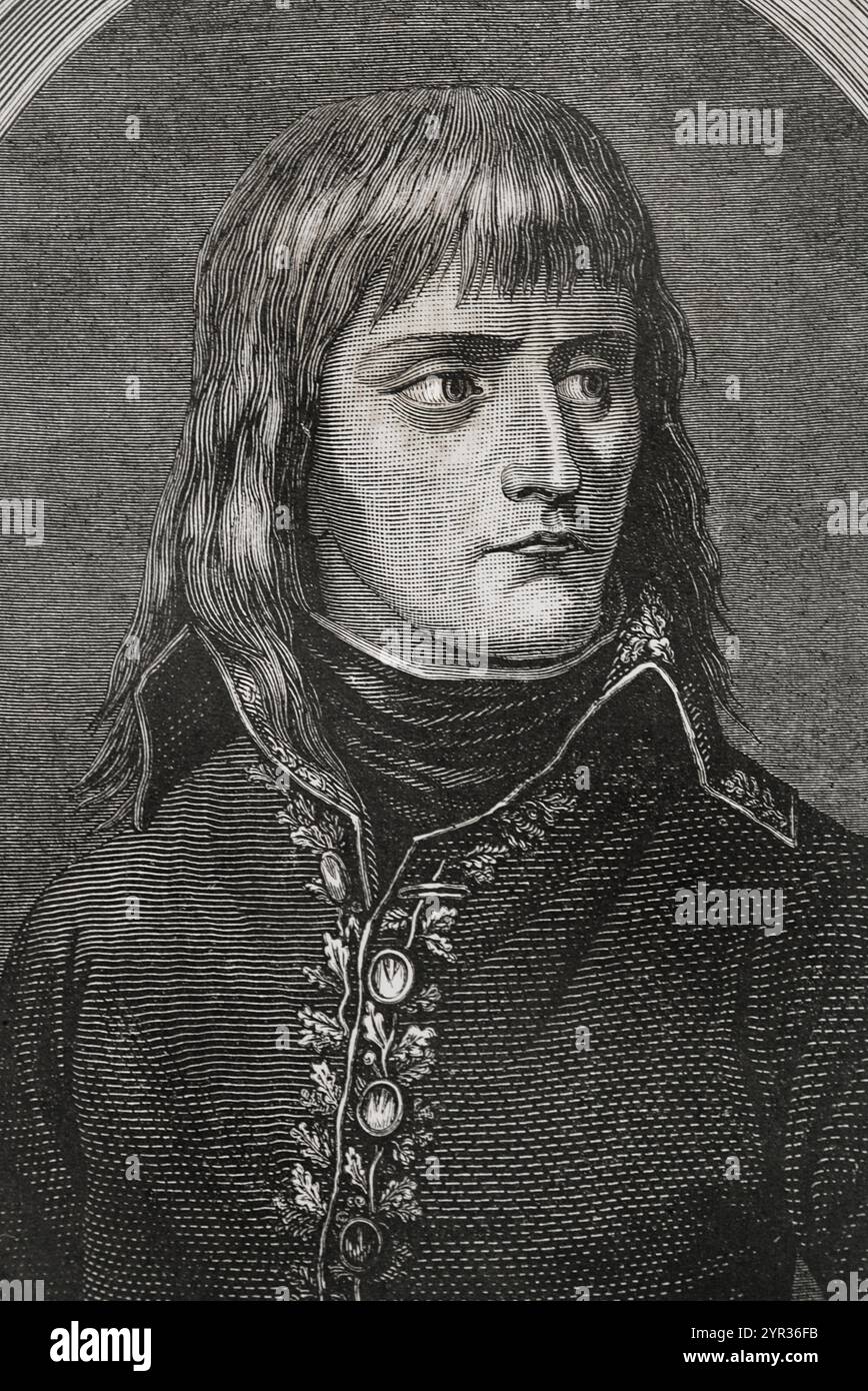 Napoleon I. Bonaparte (1769-1821). Konsul auf Lebenszeit (1802) und Kaiser der Franzosen (1804-1815). Hochformat. Zeichnung von Viollat. Stich von Pannemaker. Details. "Geschichte der Französischen Revolution". Band I, Teil 2, 1879. Stockfoto