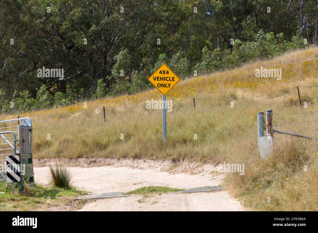 Foto eines Geländesicherheitsschilds auf einem Feldweg in einer abgelegenen Gegend der Blue Mountains in New South Wales, Australien. Stockfoto
