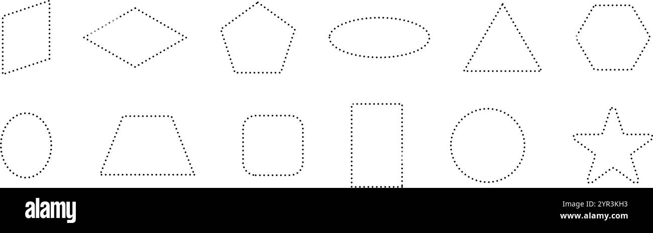 Gepunktete Rahmen mit einfachen gestrichelten Linien. Rechteckige und runde Umrisselemente für Coupon- oder Etikettenformen. Illustration des flachen Vektors isoliert auf weiß Stock Vektor