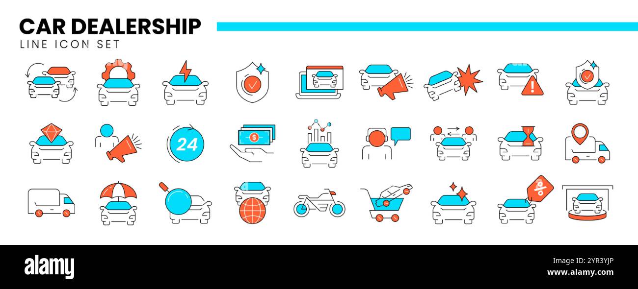 Dünne Linien des Autohändlers, der Automobilindustrie, des Autohändlers oder des Autohändlers. Lineare Symbole für Reparatur, Wartung, Transportversicherung, Austausch oder Kauf neuer Autos Stock Vektor